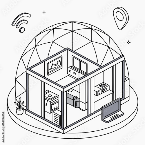 Isometric Smart Home Geodesic Dome Interior Outline