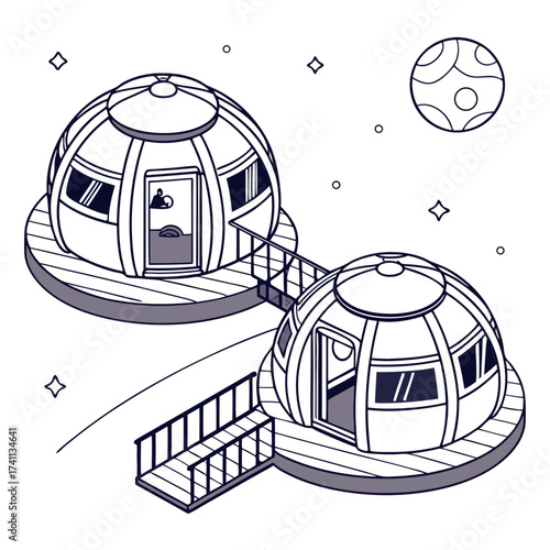 Isometric Space Domes Connected by Bridge futuristic