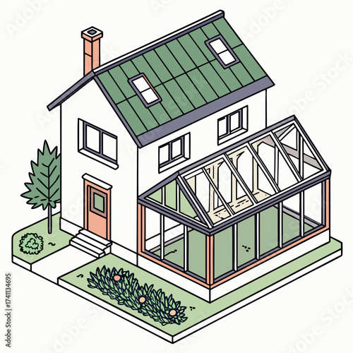 Isometric view of a house with a modern glass conservatory