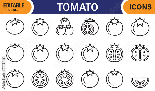 Flat minimal tomato outline vector icons for organic food design and restaurant menus