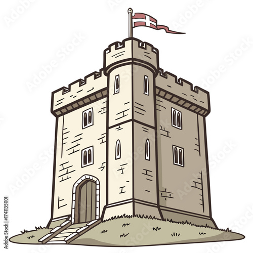 Medieval stone castle tower with flag and stairs fortress