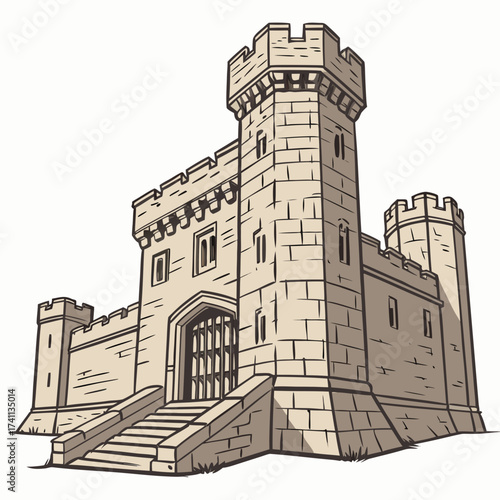 Medieval stone castle with large gate and towers fortress