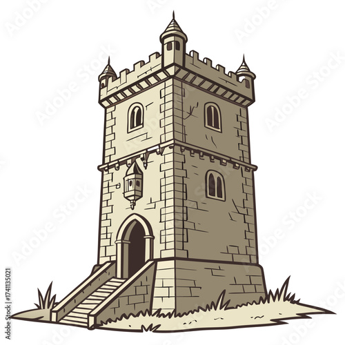 Medieval Stone Tower with Arched Entrance and Stairs