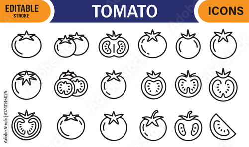 Hand-drawn tomato line icons, editable stroke collection for kitchen and food themes