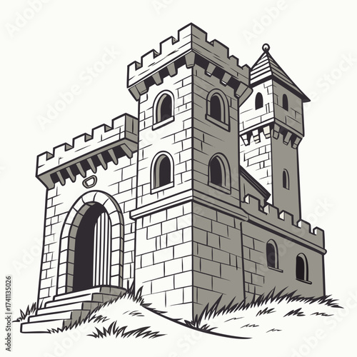 Medieval Stone Fortress with Double Towers and Gate