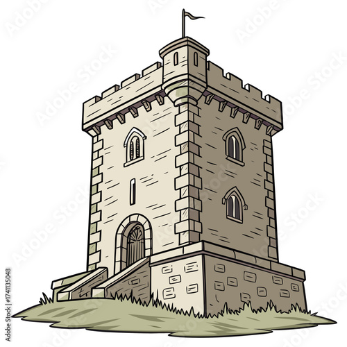 Medieval Stone Tower with Flag on White Background
