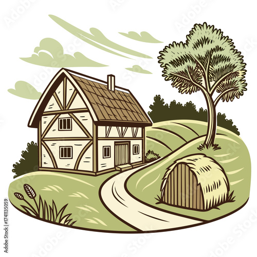 Medieval Timbered House In A Rural Landscape Keywords: medieval, house, timbered, cottage, rural