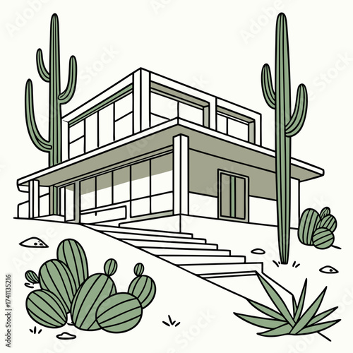 Modern Desert Home with Cacti and Steps house architecture