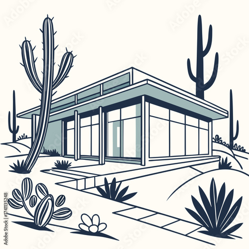 Modern desert home with large windows and cacti architecture