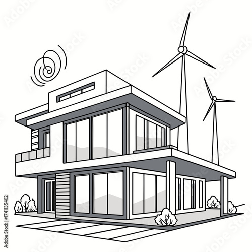 Modern eco-friendly house with wind turbines architecture