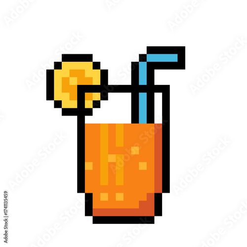 Pixel Art of an Orange Juice Glass with a Slice and Straw