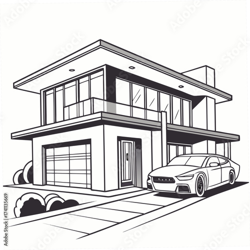 Modern house with a car parked in the driveway architecture