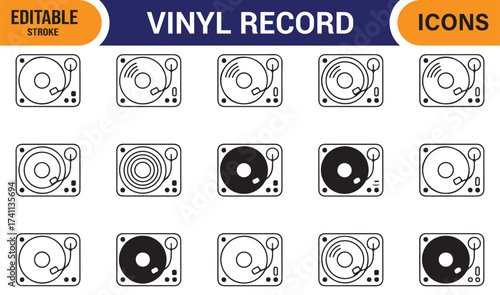 Vinyl disc turntable line art icons for music apps, websites, and posters