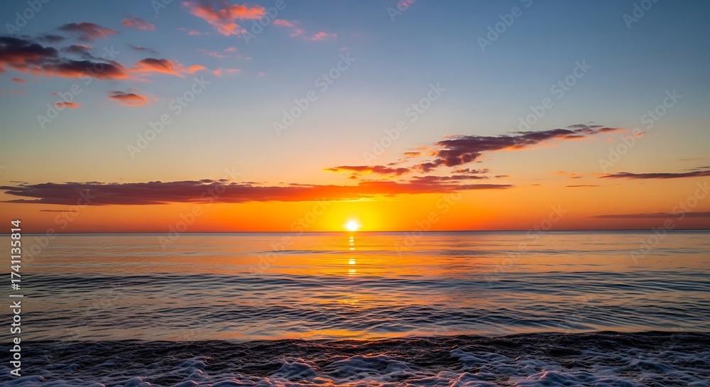 Obraz premium Vibrant Sunset Colors Painting the Sky and Reflecting on Calm Ocean Waters with a Serene Horizon