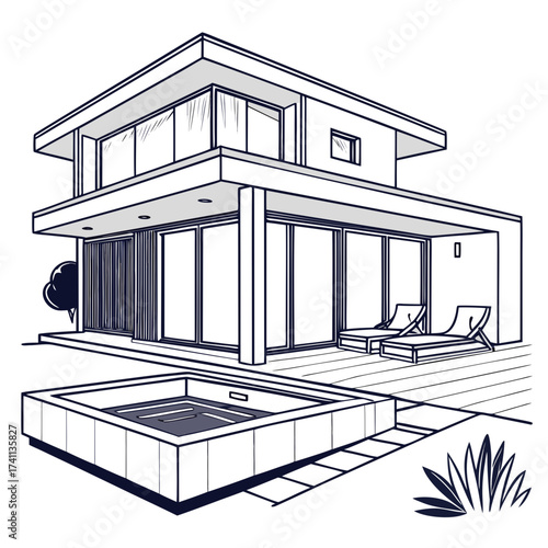 Modern House with Pool and Lounge Chairs Line Art architecture