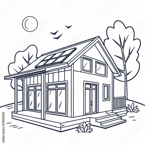 Modern House with Solar Panels and Trees home dwelling