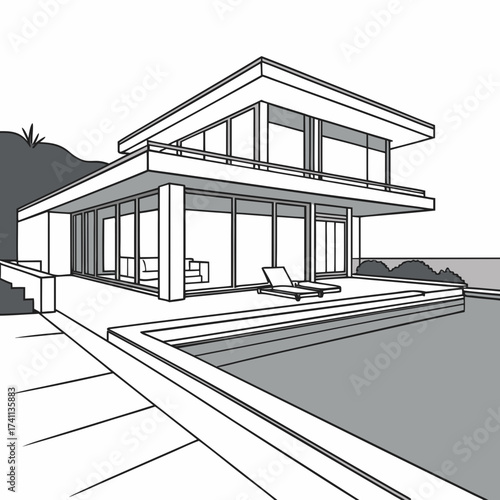 Modern House with Swimming Pool and Chaise Lounge Keywords: modern, house, home, architecture