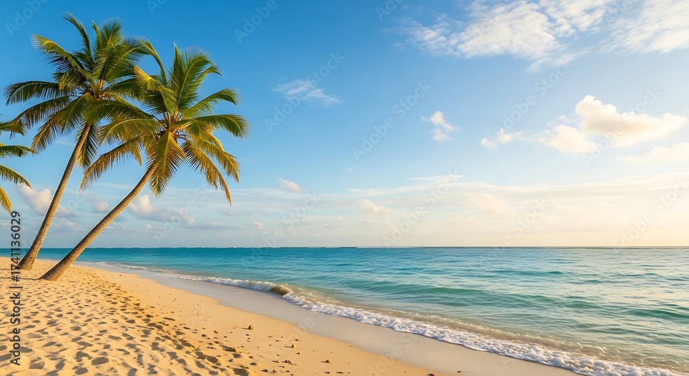 Obraz premium Golden Sands and Swaying Palms A Serene Tropical Beach Paradise with Azure Waters and Clear Skies, Perfect for a Relaxing Vacation