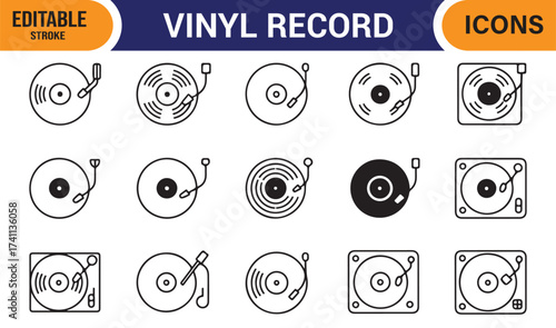 Classic analog record player vector line icons, simple flat design elements