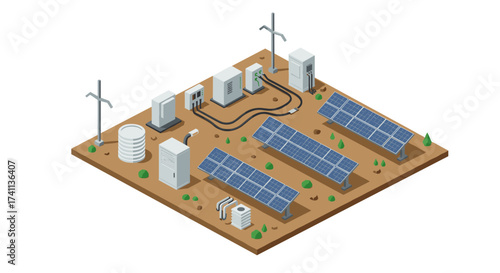 Isometric solar power plant with panels and equipment in desert landscape