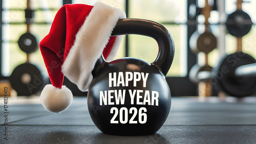 Happy New Year 2026 fitness motivation concept with kettlebell and Santa hat in gym for holiday background workout, strength, health, lifestyle 