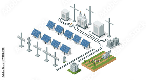 Isometric solar power plant with modern equipment and infrastructure