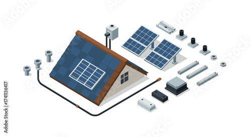 Isometric solar panel installation diagram with roof and components