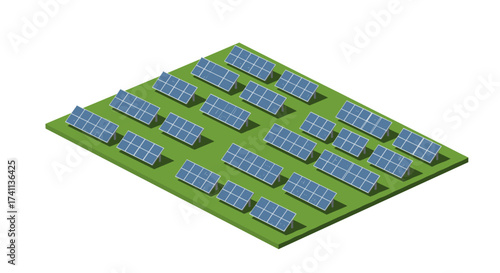 Isometric solar panel farm on green grass