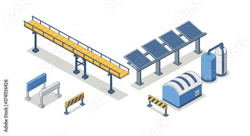 Isometric industrial design with solar panels and infrastructure elements