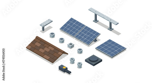 Isometric solar panel installation kit with roof mounts and components