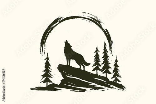 Wolf howling on cliff with trees ink brush sketch vector illustration