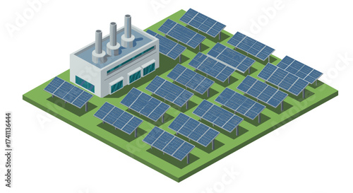 Isometric solar power plant with modern energy facility on green grid