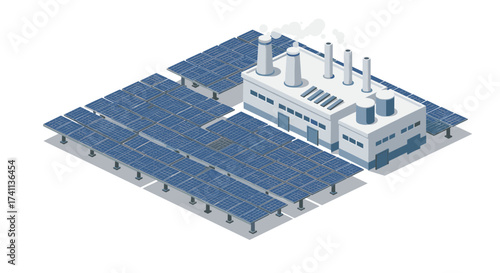 Isometric industrial power plant with solar panels and smokestacks