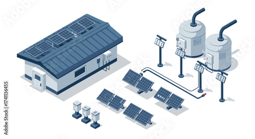 Renewable energy isometric layout with solar panels and water heaters
