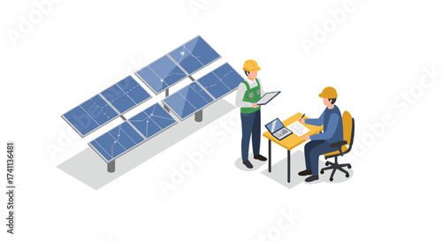 Engineers analyzing solar panel system in isometric design with laptop and tablet