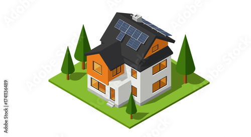 Modern eco-friendly house with solar panels in isometric style