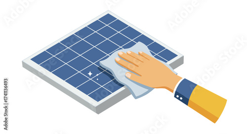 Hand cleaning solar panel with cloth in isometric style for renewable energy concepts