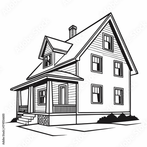 Monochrome drawing of a classic two-story house with a front porch