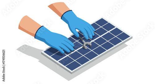 Isometric solar panel installation with gloved hands and wrench