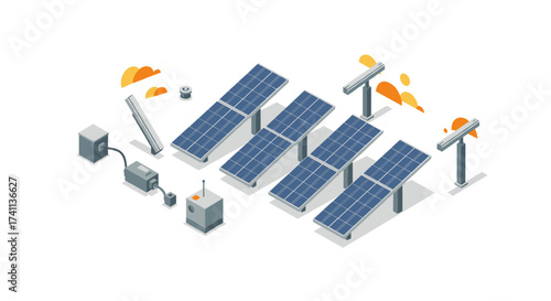 Isometric solar energy panels with mechanical components and monitoring systems
