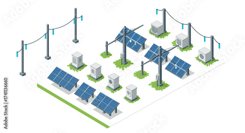 Isometric solar farm with panels and power lines in eco-friendly design