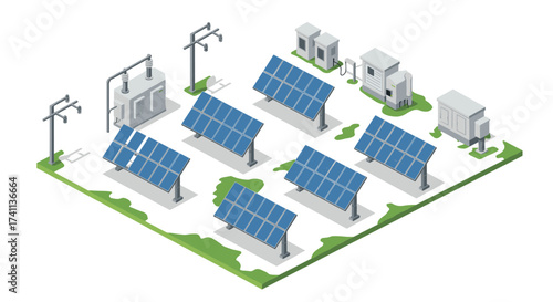 Isometric solar energy plant with panels and infrastructure