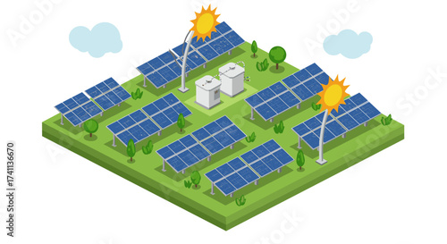 Isometric solar energy farm with photovoltaic panels and battery storage