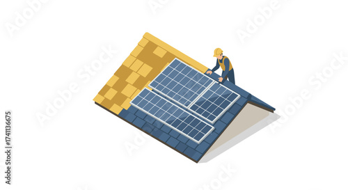 Worker installing solar panels on rooftop in isometric style