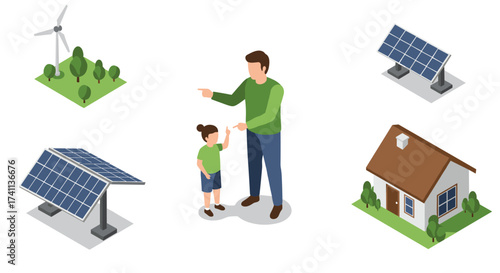 Isometric sustainable energy scene with family interaction and solar panels