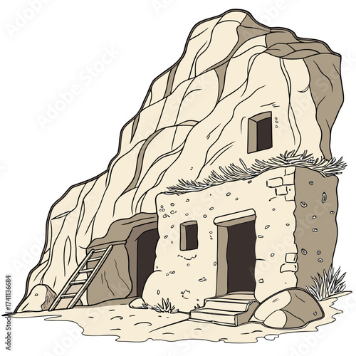 Multi-level cave dwelling with ladder and stone steps