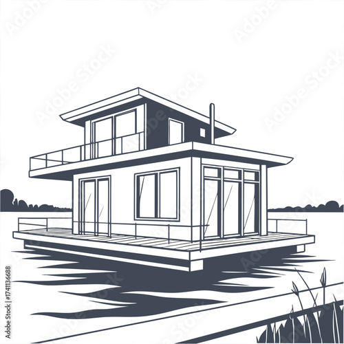 Multi-level houseboat with balconies on water architecture