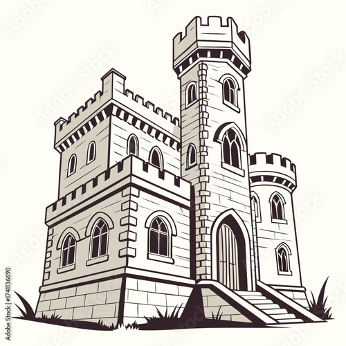 Multi-story castle with tall central tower and arched windows