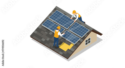Installation of solar panels on rooftop by technicians in isometric style