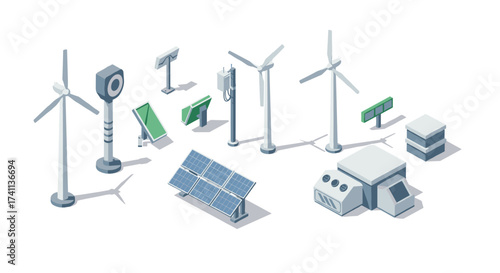 Isometric renewable energy icons featuring wind turbines and solar panels